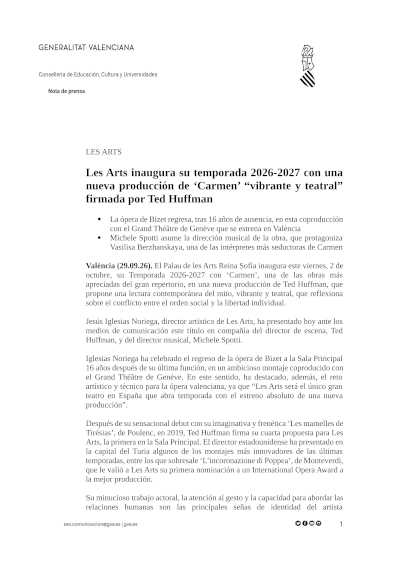 Les Arts inaugura su temporada 2026/27 con una nueva producción de Carmen de Ted Huffman Les Arts inaugura su temporada 2026/27 con una nueva producción de Carmen de Ted Huffman
