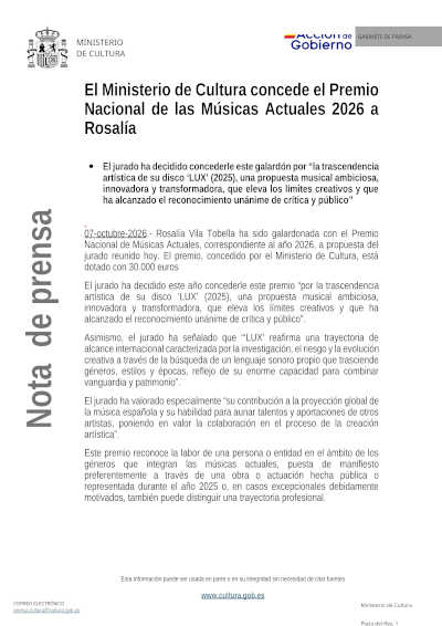 Rosalía recibe el Premio Nacional de las Músicas Actuales 2026 Rosalía recibe el Premio Nacional de las Músicas Actuales 2026