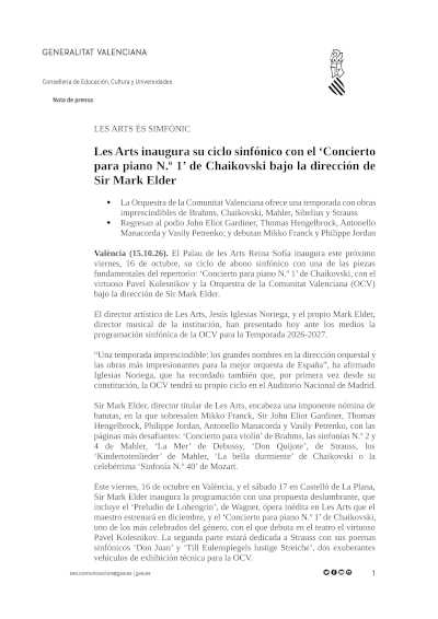 Sir Mark Elder abre la temporada sinfónica de Les Arts Sir Mark Elder abre la temporada sinfónica de Les Arts