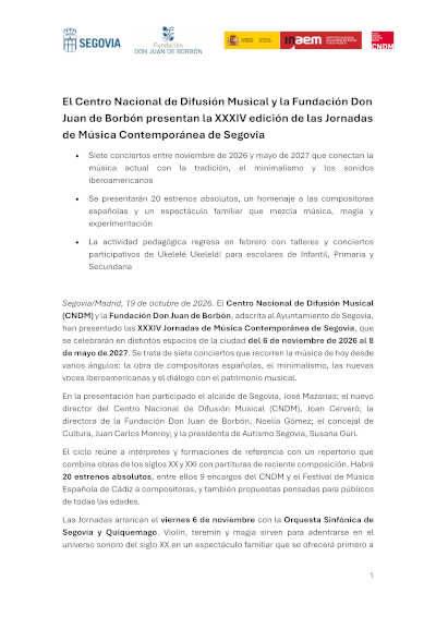 El CNDM presenta las XXXIV Jornadas de Música Contemporánea de Segovia El CNDM presenta las XXXIV Jornadas de Música Contemporánea de Segovia