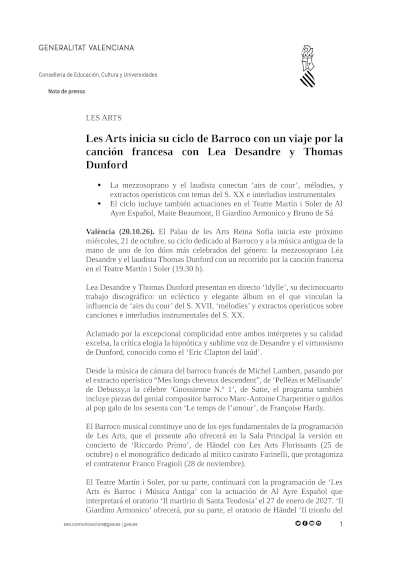 Léa Desandre y Thomas Dunford inauguran el ciclo de Barroco de Les Arts con ‘Idylle’