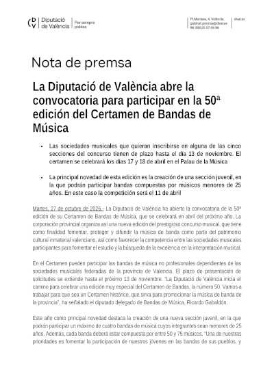 La Diputació de València convoca el 50.º Certamen de Bandas de Música