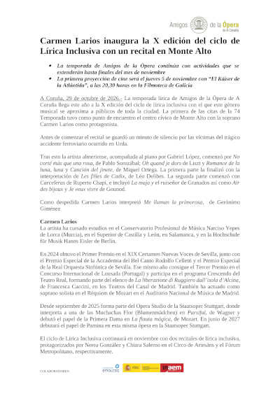 Carmen Larios inaugura el X ciclo de Lírica Inclusiva en A Coruña Carmen Larios inaugura el X ciclo de Lírica Inclusiva en A Coruña
