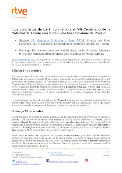 «Los conciertos de La 2» con Rossini desde Toledo y gala de ópera «Los conciertos de La 2» con Rossini desde Toledo y gala de ópera