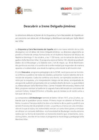 Irene Delgado-Jiménez debuta al frente de la OCNE en el ciclo Descubre Irene Delgado-Jiménez debuta al frente de la OCNE en el ciclo Descubre