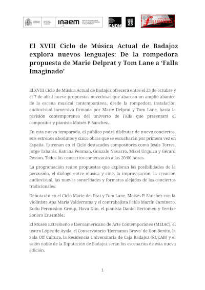 Badajoz Actual presenta nueve conciertos y once estrenos Badajoz Actual presenta nueve conciertos y once estrenos