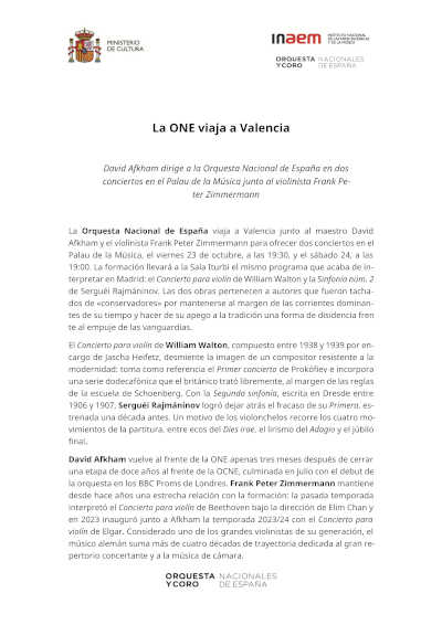 La ONE regresa a Valencia con David Afkham y Frank Peter Zimmermann La ONE regresa a Valencia con David Afkham y Frank Peter Zimmermann