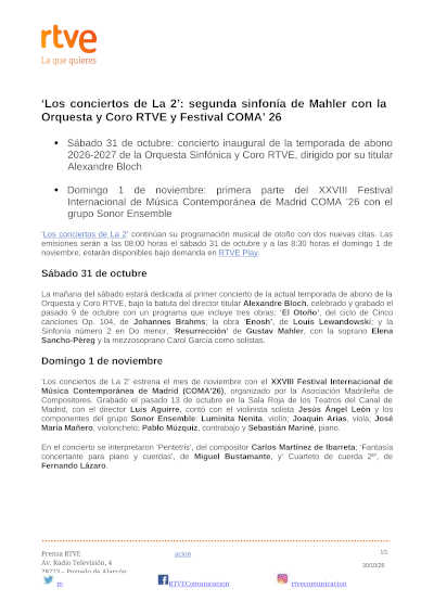 «Los conciertos de La 2» Mahler con la Orquesta y Coro RTVE y Festival COMA’26 «Los conciertos de La 2» Mahler con la Orquesta y Coro RTVE y Festival COMA’26