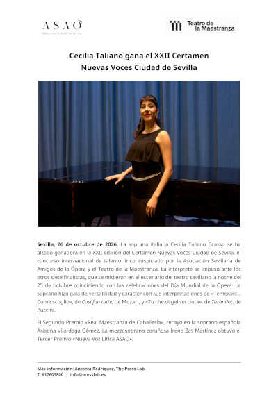 Cecilia Taliano gana el XXII Certamen Nuevas Voces Ciudad de Sevilla