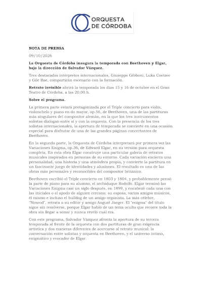 La Orquesta de Córdoba inaugura temporada con Beethoven y Elgar La Orquesta de Córdoba inaugura temporada con Beethoven y Elgar