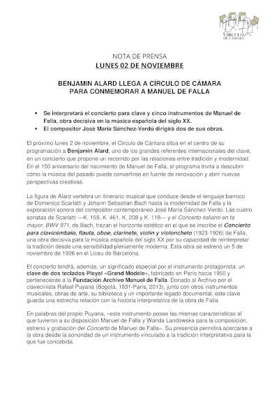 Benjamin Alard homenajea a Manuel de Falla en el Círculo de Cámara de Madrid