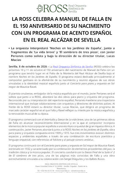 La ROSS celebra el 150 aniversario de Manuel de Falla con Javier Perianes La ROSS celebra el 150 aniversario de Manuel de Falla con Javier Perianes