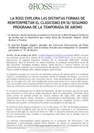 La ROSS reúne a Mozart, Stravinski, Moliner y Poulenc con Jaume Santonja