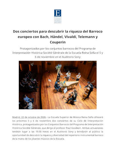 La Escuela Reina Sofía dedica dos conciertos al Barroco europeo La Escuela Reina Sofía dedica dos conciertos al Barroco europeo