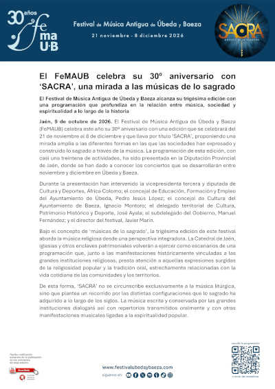 El FeMAUB celebra su 30.º aniversario con ‘SACRA’, músicas de lo sagrado El FeMAUB celebra su 30.º aniversario con ‘SACRA’, músicas de lo sagrado