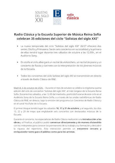 Solistas del siglo XXI inicia su 35.ª edición con tres conciertos en octubre