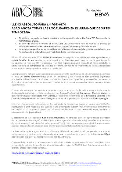 ABAO agota las entradas de La traviata en su 75ª temporada ABAO agota las entradas de La traviata en su 75ª temporada