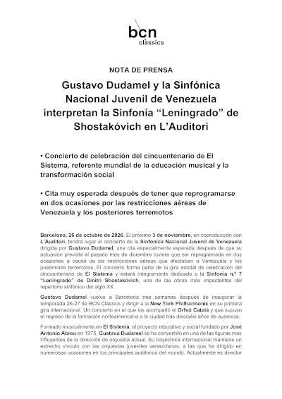 Gustavo Dudamel dirige la Sinfonía Leningrado de Shostakóvich en Barcelona