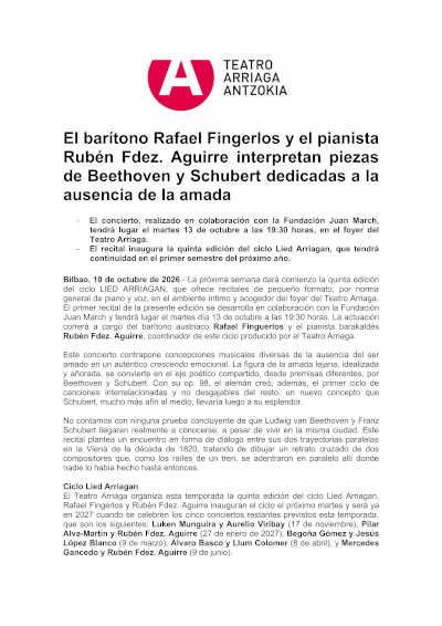 El Teatro Arriaga abre el ciclo Lied Arriagan con Fingerlos y Fernández Aguirre