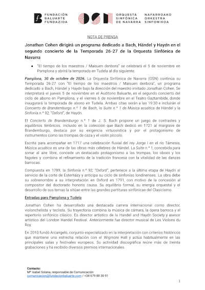 Jonathan Cohen dirige a la Sinfónica de Navarra con obras de Bach, Händel y Haydn Jonathan Cohen dirige a la Sinfónica de Navarra con obras de Bach, Händel y Haydn