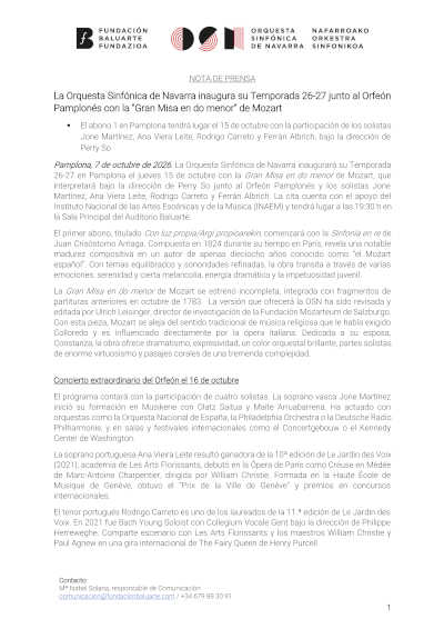 La OSN inaugura su Temporada 2026-27 con la Gran Misa en do menor de Mozart
