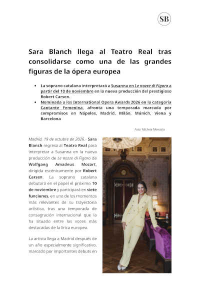 Sara Blanch será Susanna en Le nozze di Figaro del Teatro Real Sara Blanch será Susanna en Le nozze di Figaro del Teatro Real