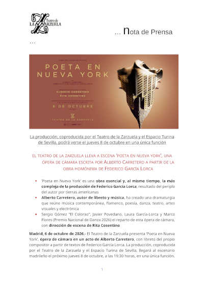 Poeta en Nueva York llega al Teatro de la Zarzuela en una ópera de cámara de Alberto Carretero Poeta en Nueva York llega al Teatro de la Zarzuela en una ópera de cámara de Alberto Carretero